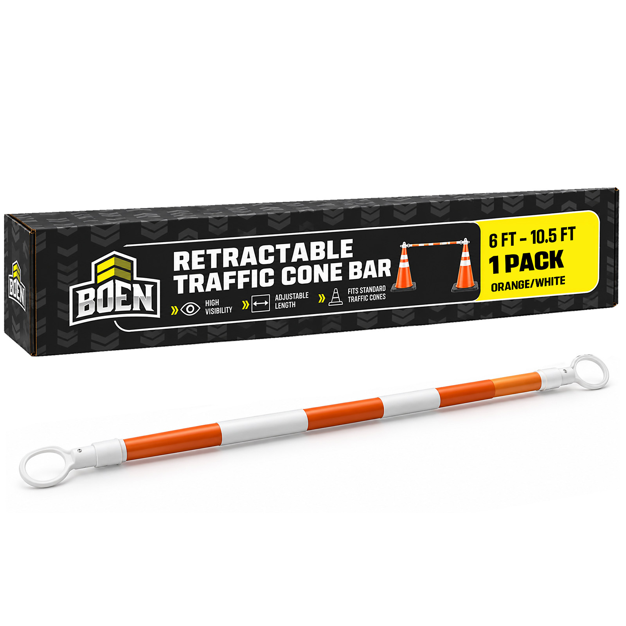 Boen Retractable Cone Bar 6 ft. to 10.5 ft., White/Orange Traffic Barricade Bar for Road Work, Parking Lots & Restricted Areas